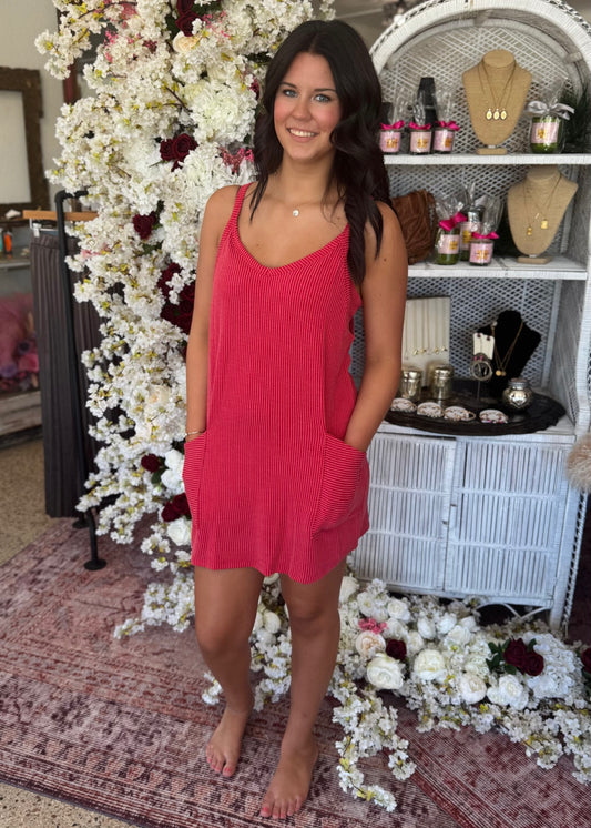 Ribbed V-Neck Romper, Red