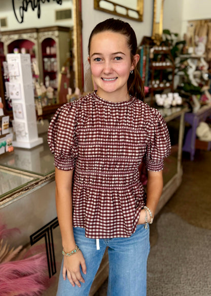 Gingham Smocked Puff Sleeve Top