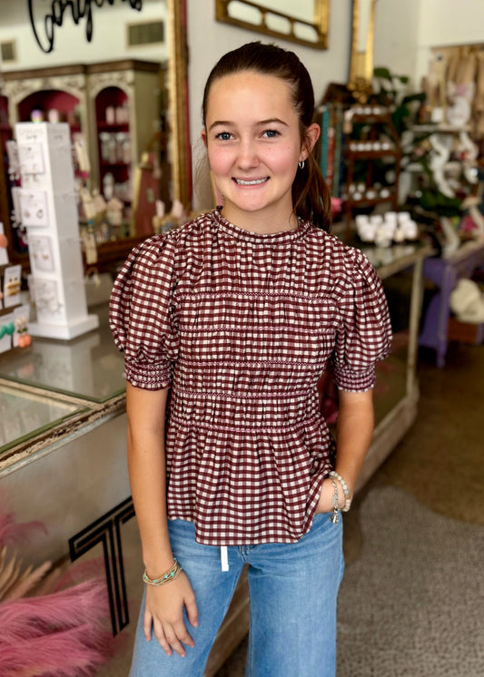 Gingham Smocked Puff Sleeve Top