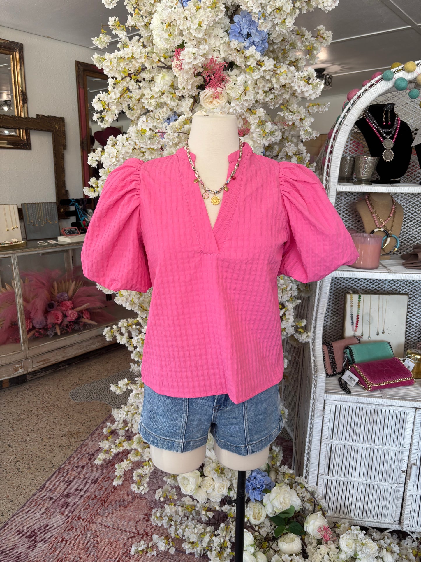 Textured Puff Sleeve Top, Pink