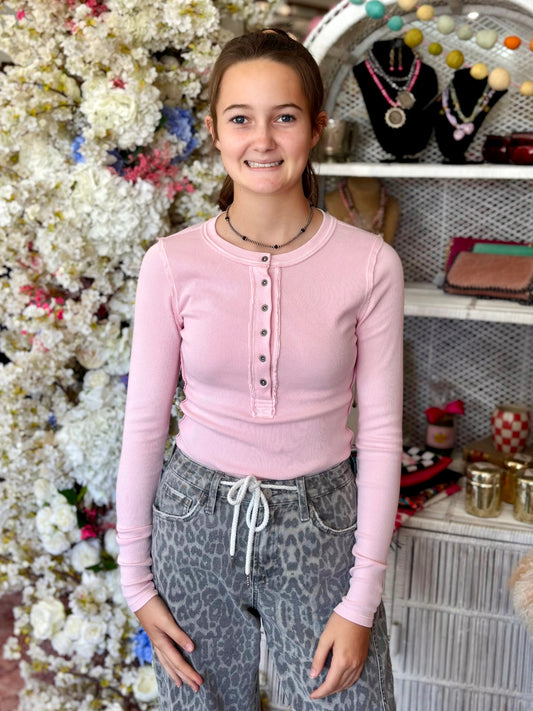 Long Sleeve Henley, Light Pink