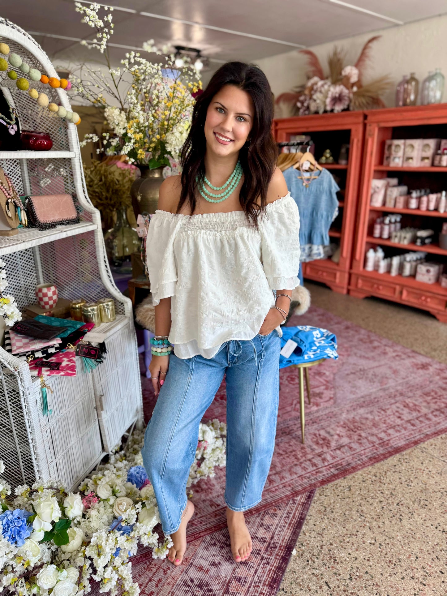 White Square Neck Smocked Blouse