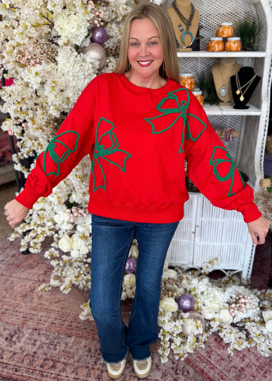 Red Embroidered Bow Sweater