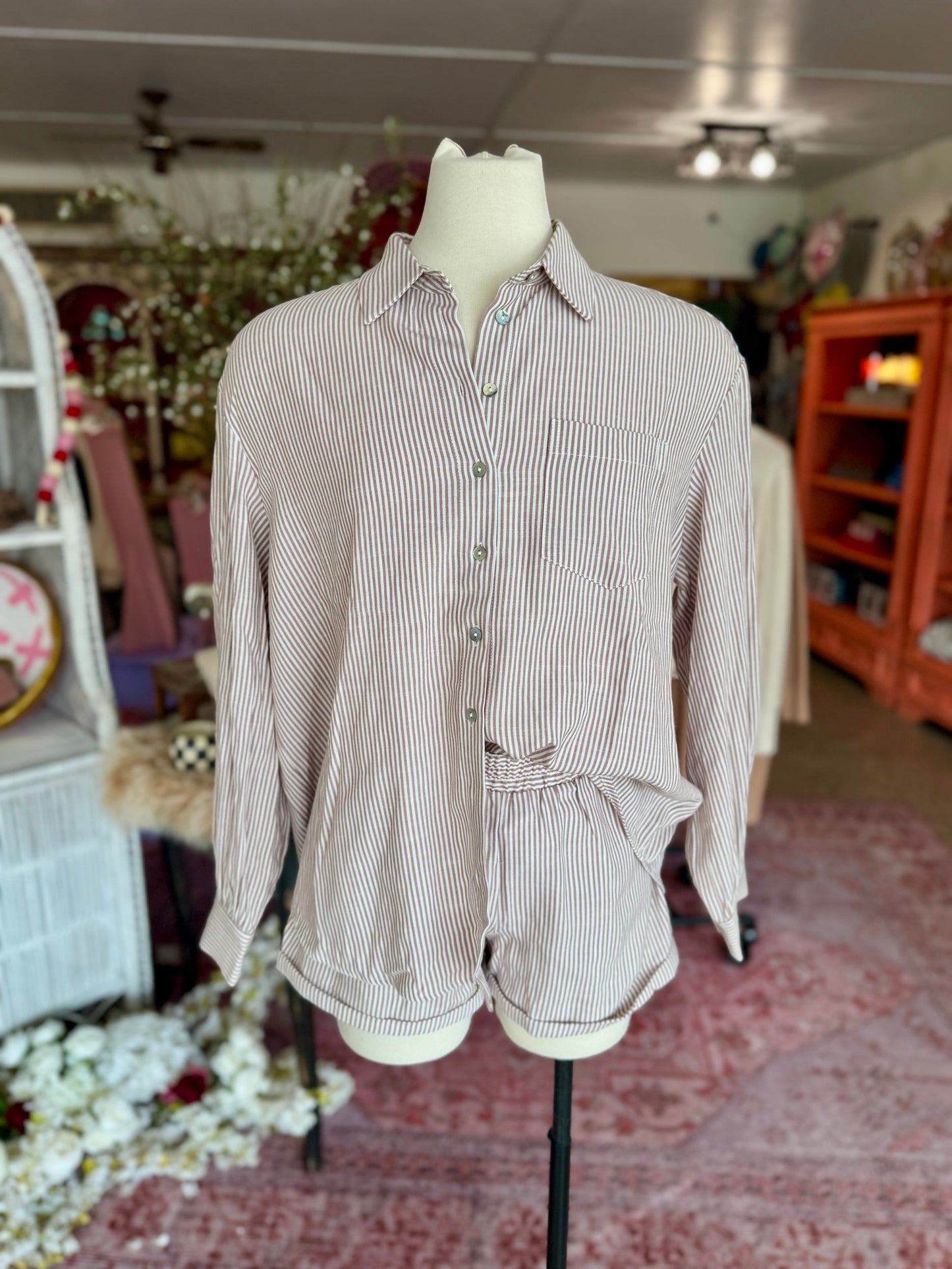 Mocha Striped Shorts Set