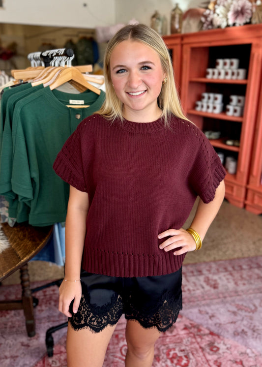 Short-Sleeve Crewneck Sweater, Burgundy