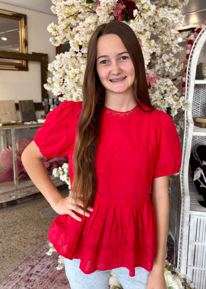 Red Eyelet Babydoll Top