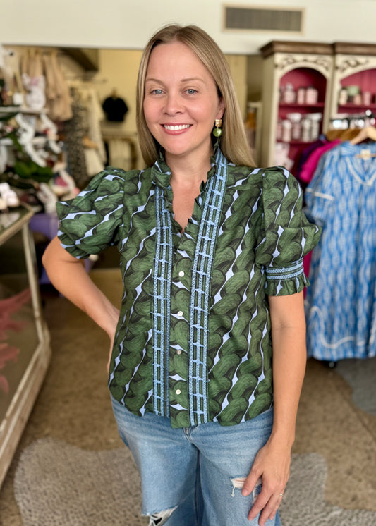 Green Pattern Button Down