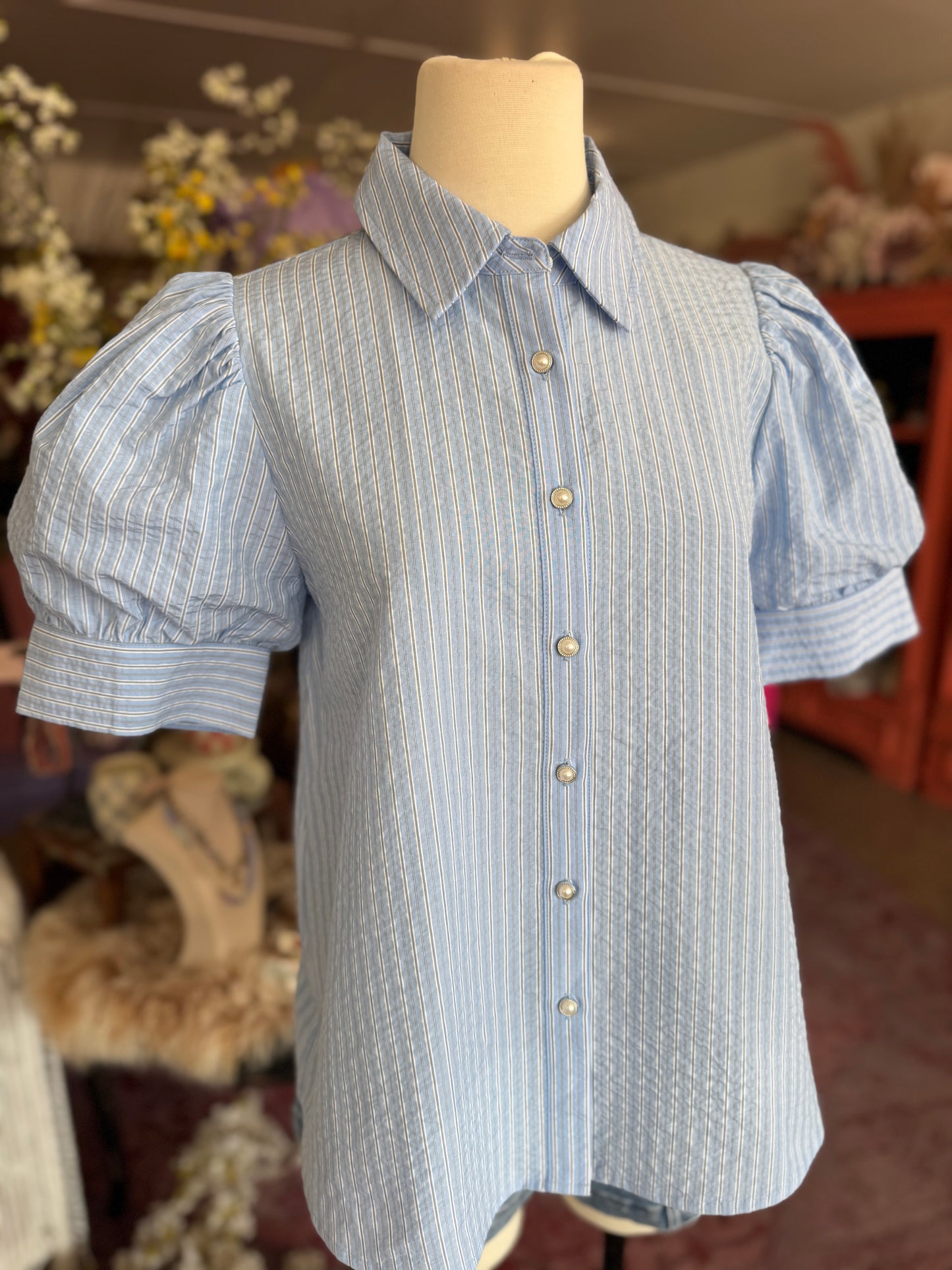 Pearl Detail Striped Button Down