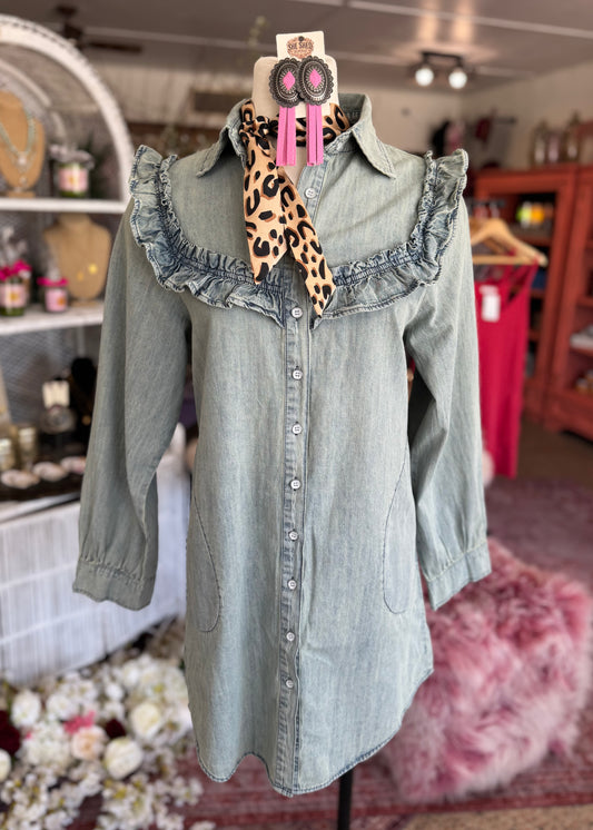 Ruffle Yoke Denim Dress