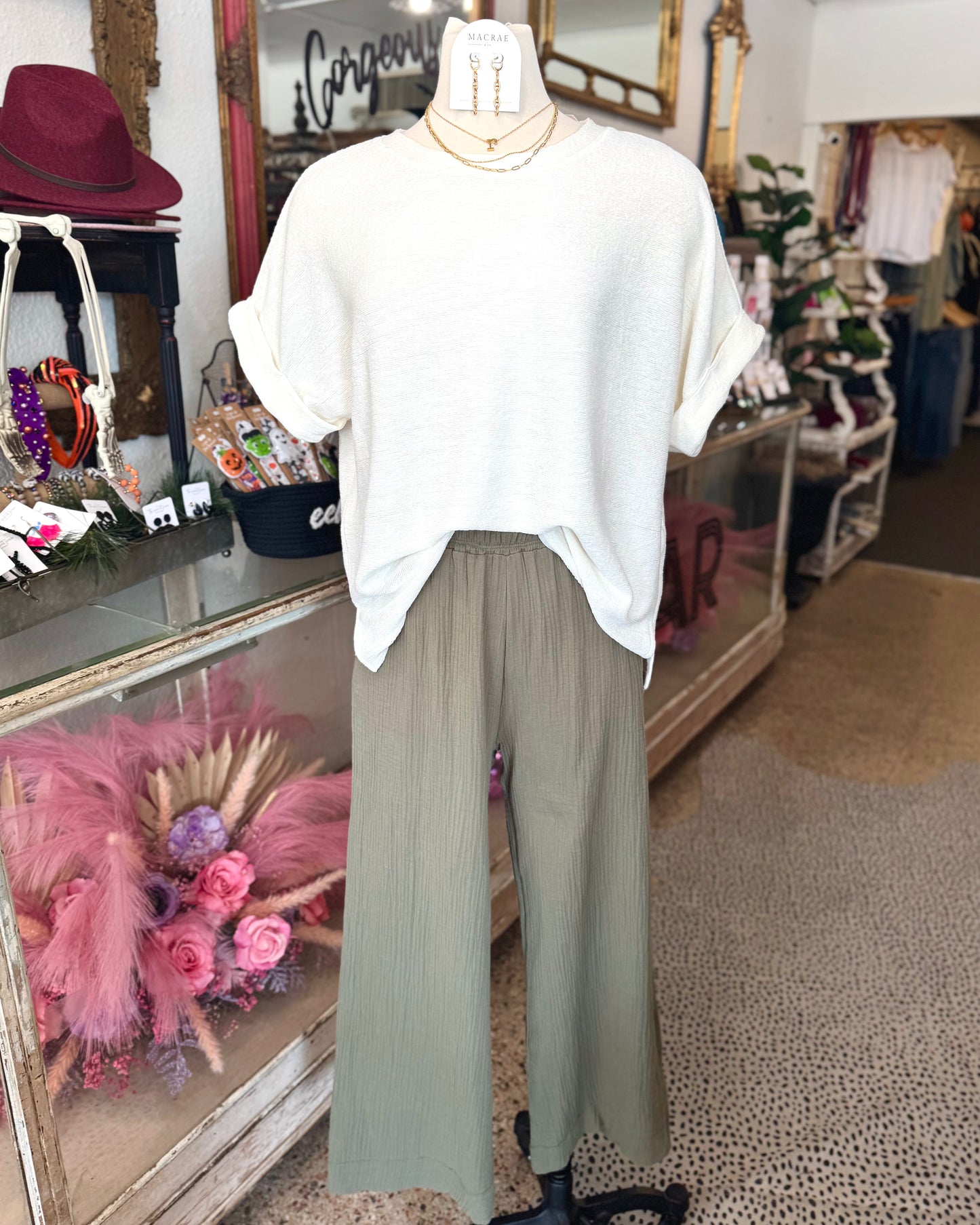 Gauze Wide Leg Pants, Olive