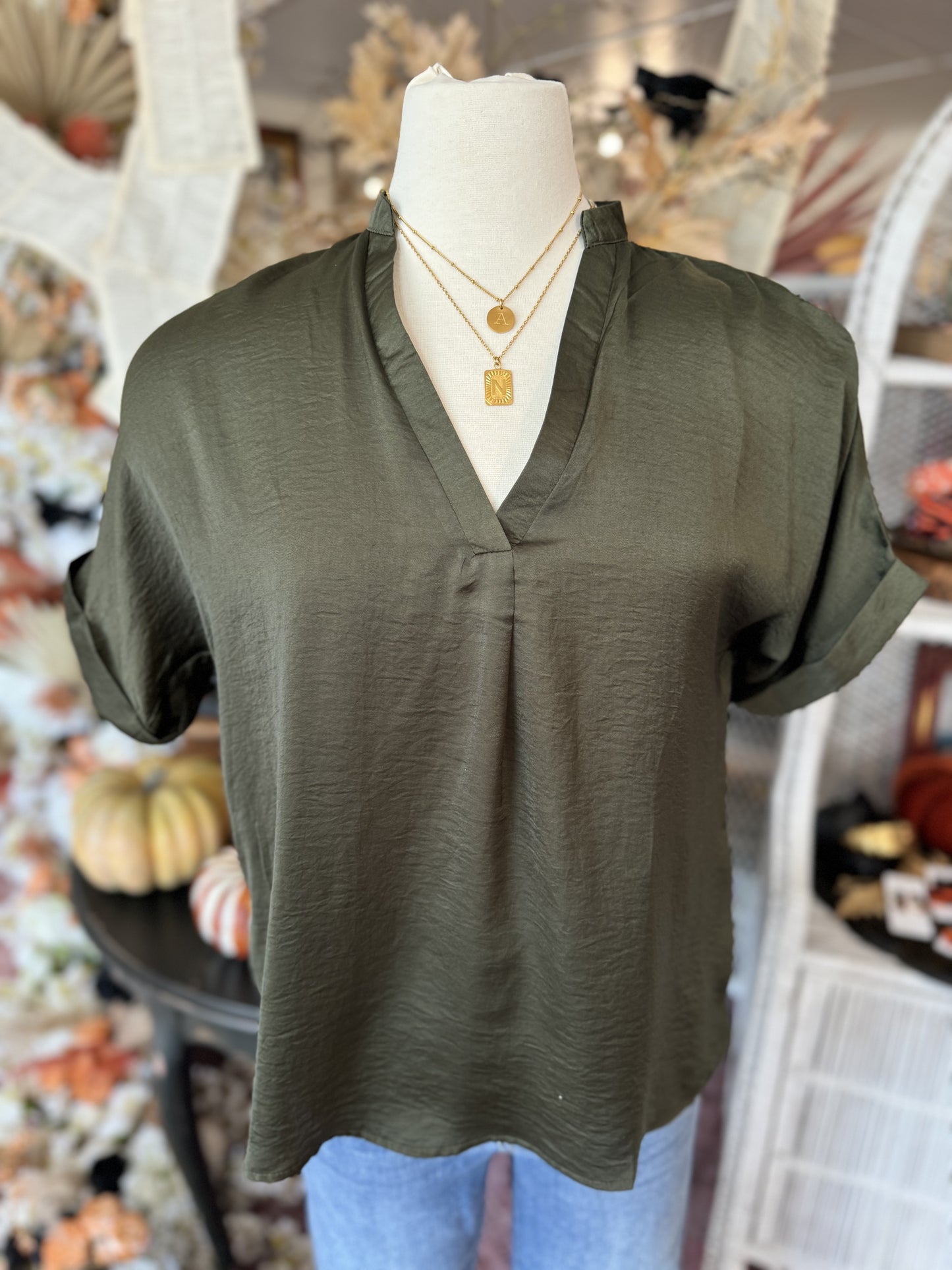 V-Neck Placket Cuff Blouse