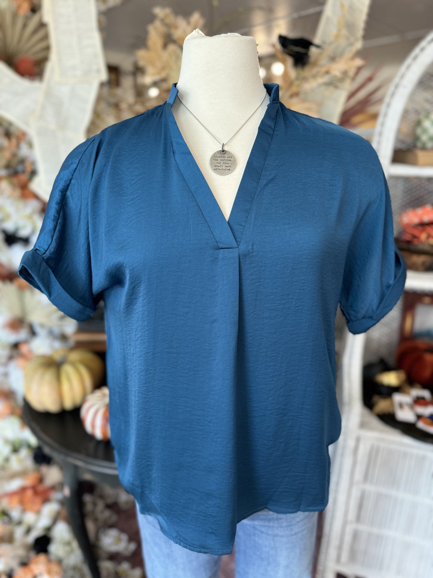 V-Neck Placket Cuff Blouse