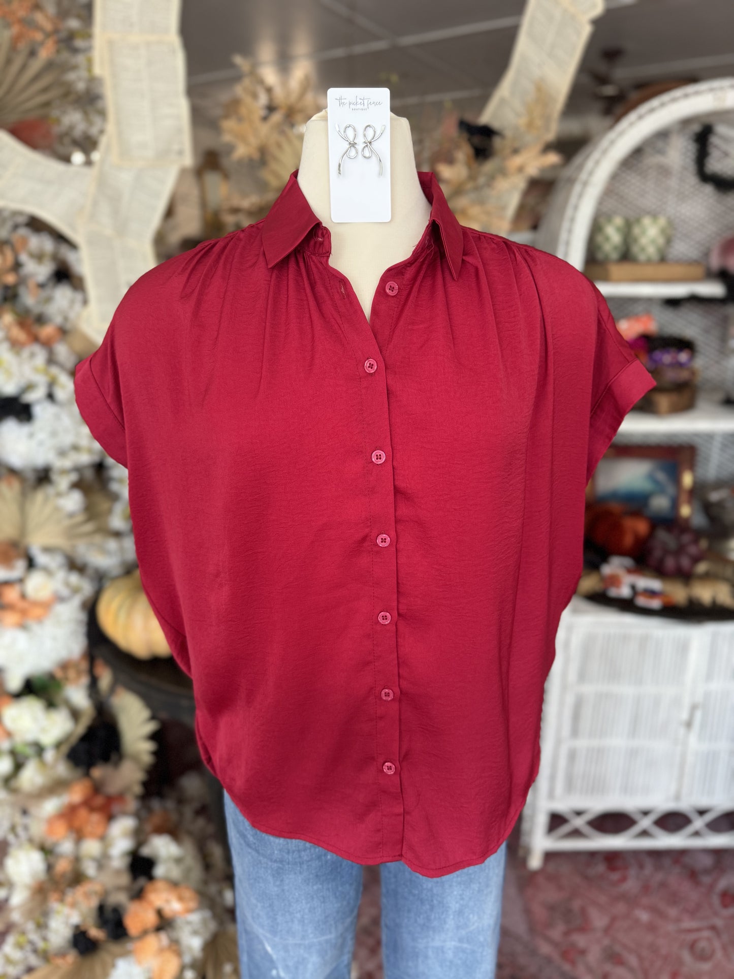 Burgundy Dolman Sleeve Button-Down