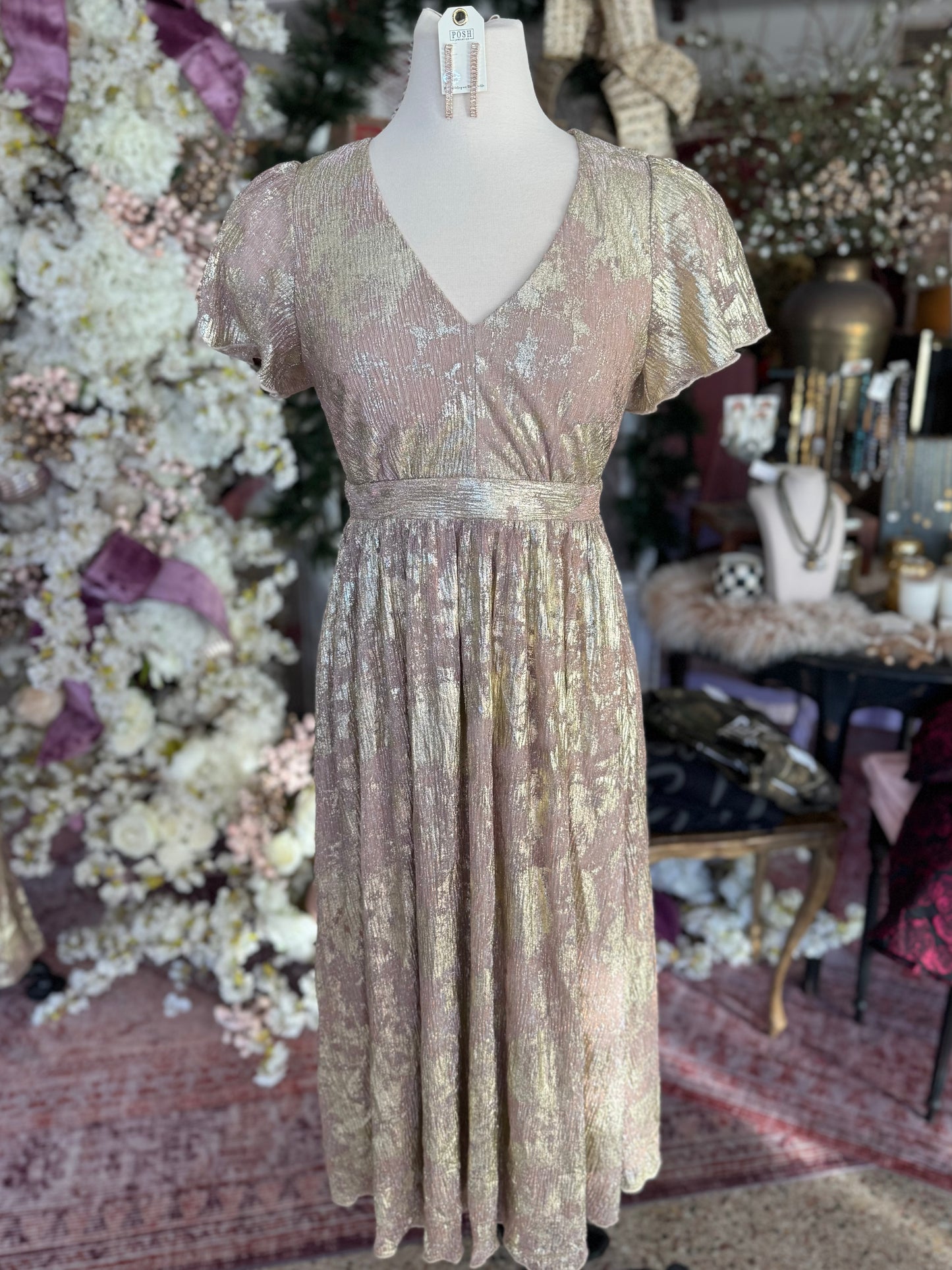 Gold Plisse Backless Midi Dress