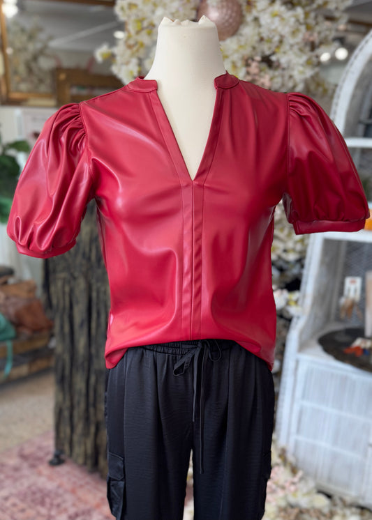 Burgundy Faux Leather V-Neck