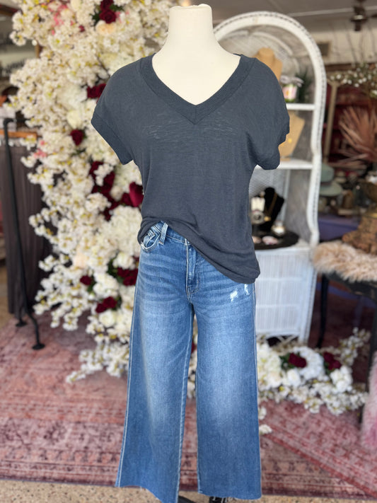 Ribbed V-Neck Drop Shoulder Top, Navy