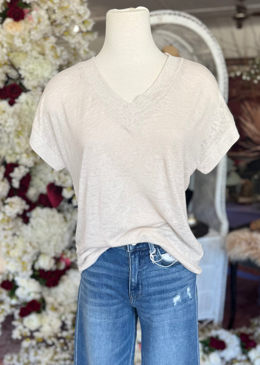 Ribbed V-Neck Drop Shoulder Top, Natural