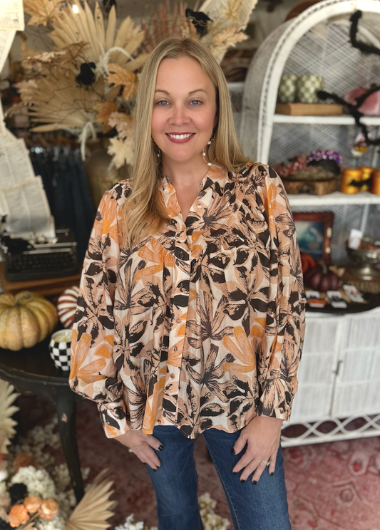 Apricot Printed Bubble Sleeve Top